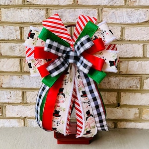 Snowman Wreath Bow, Snowman Red and Green Christmas Bow, Snowman Lantern Bow, Winter Snowman Bow, Christmas Tree Bow with Snowman