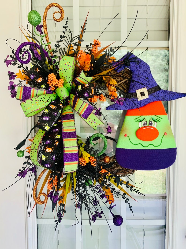 Halloween Wreath With Witch for Front Door, Witch and Candy Corn Wreath ...