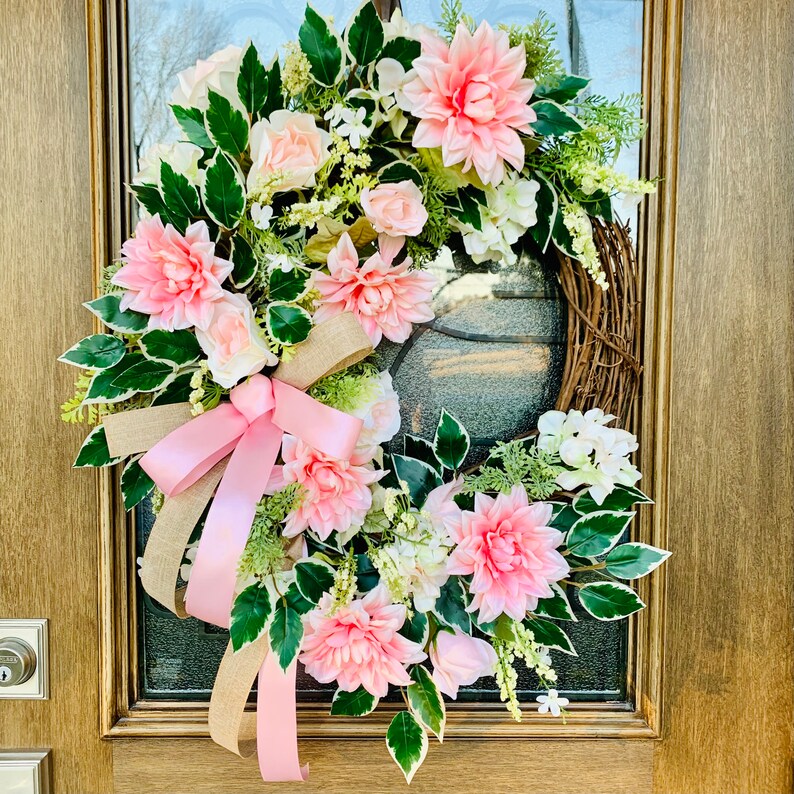 Front Door Wreath With Roses, Multi Pink Floral Wreath, Hydrangea and ...