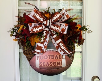 Fall Football Wreath, Football Wreath for the Front Door, Fall Grapevine Football Wreath, Football Wreath with Leaves, Football Door Wreath