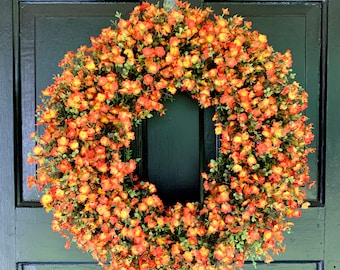 Floral Wreath with Orange Flowers, Floral Grapevine Wreath for Front Door, Wildflower Grapevine Wreath, Everyday Floral Door Wreath, Wreath