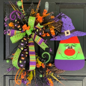 Halloween Wreath With Witch for Front Door, Witch and Candy Corn Wreath ...