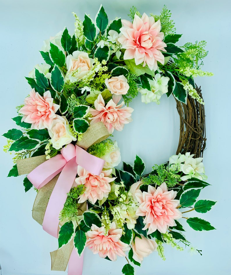 Front Door Wreath With Roses, Multi Pink Floral Wreath, Hydrangea and ...