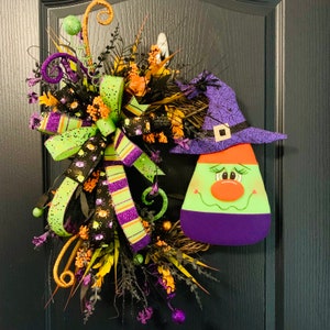 Halloween Wreath With Witch for Front Door, Witch and Candy Corn Wreath ...