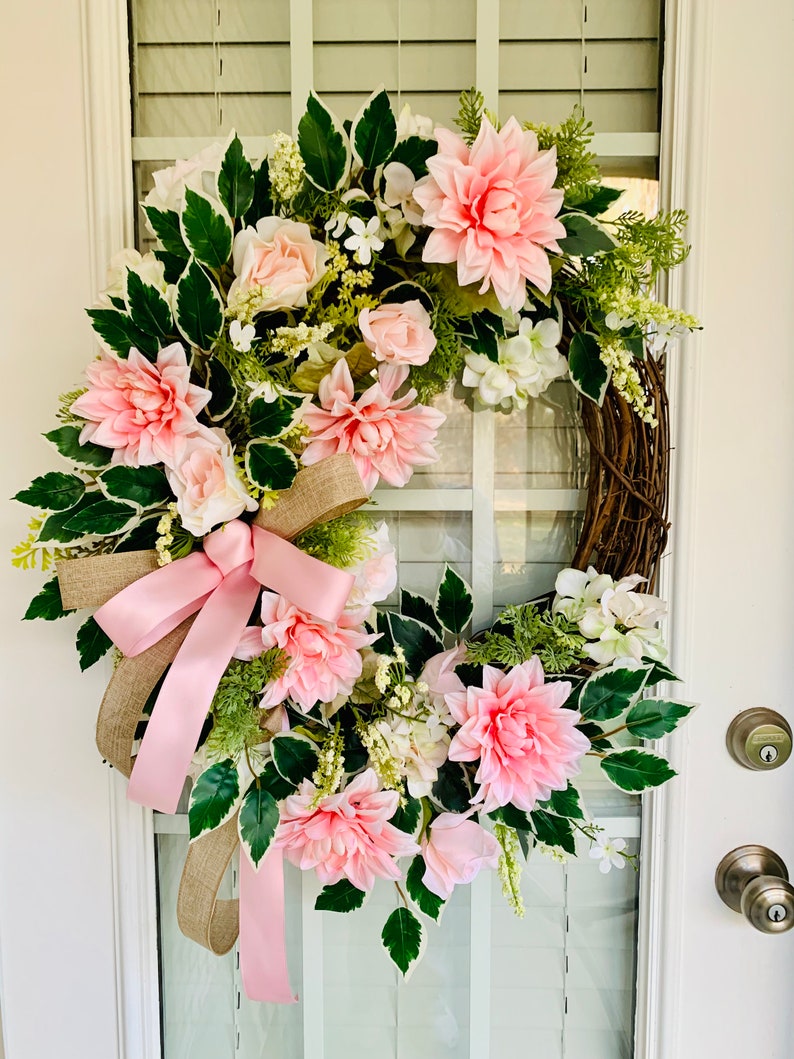 Front Door Wreath With Roses, Multi Pink Floral Wreath, Hydrangea and ...