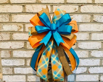 Teal and Orange Fall Plaid Bow, Fall Lantern Plaid Bow, Blue Fall Bow for Wreath, Orange Bow for Autumn, Fall Bow for Wreath, Fall Wreath