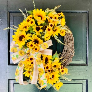 Fall Sunflower Front Door Wreath, Yellow Sunflower Fall Door Wreath, Fall Grapevine Wreath with Sunflowers and Bow, Fall Flower Door Wreath