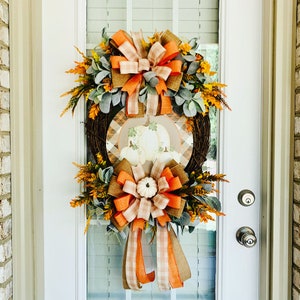 Large Fall Front Door Wreath, Fall Wreath for the Front Door, Fall Grapevine Wreath with Pumpkins, Fall Lambs Ear Wreath, Pumpkin Wreath