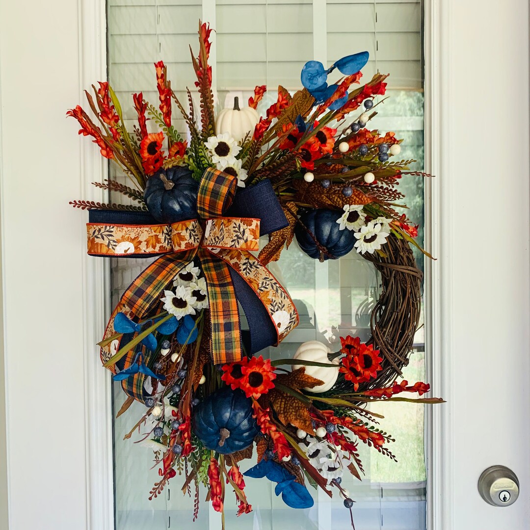 Fall Front Door Grapevine Wreath, Blue and Orange Fall Wreath, Fall ...