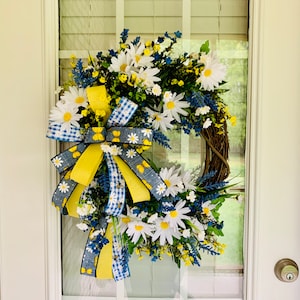 Daisy Grapevine Wreath for Front Door, White Daisy and Blue Flower Wreath, Daisy and Bee Wreath, Daisy and Butterfly Door Wreath, Bee Wreath