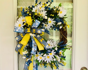 Daisy Grapevine Wreath for Front Door, White Daisy and Blue Flower Wreath, Daisy and Bee Wreath, Daisy and Butterfly Door Wreath, Bee Wreath