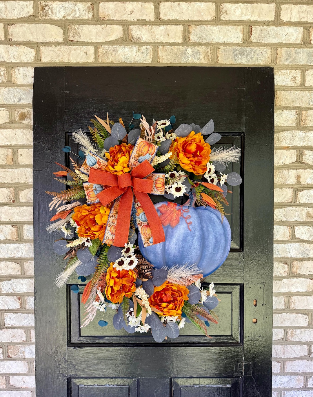 Blue Pumpkin Fall Wreath: Peony & Grapevine Autumn Door Decor - Etsy