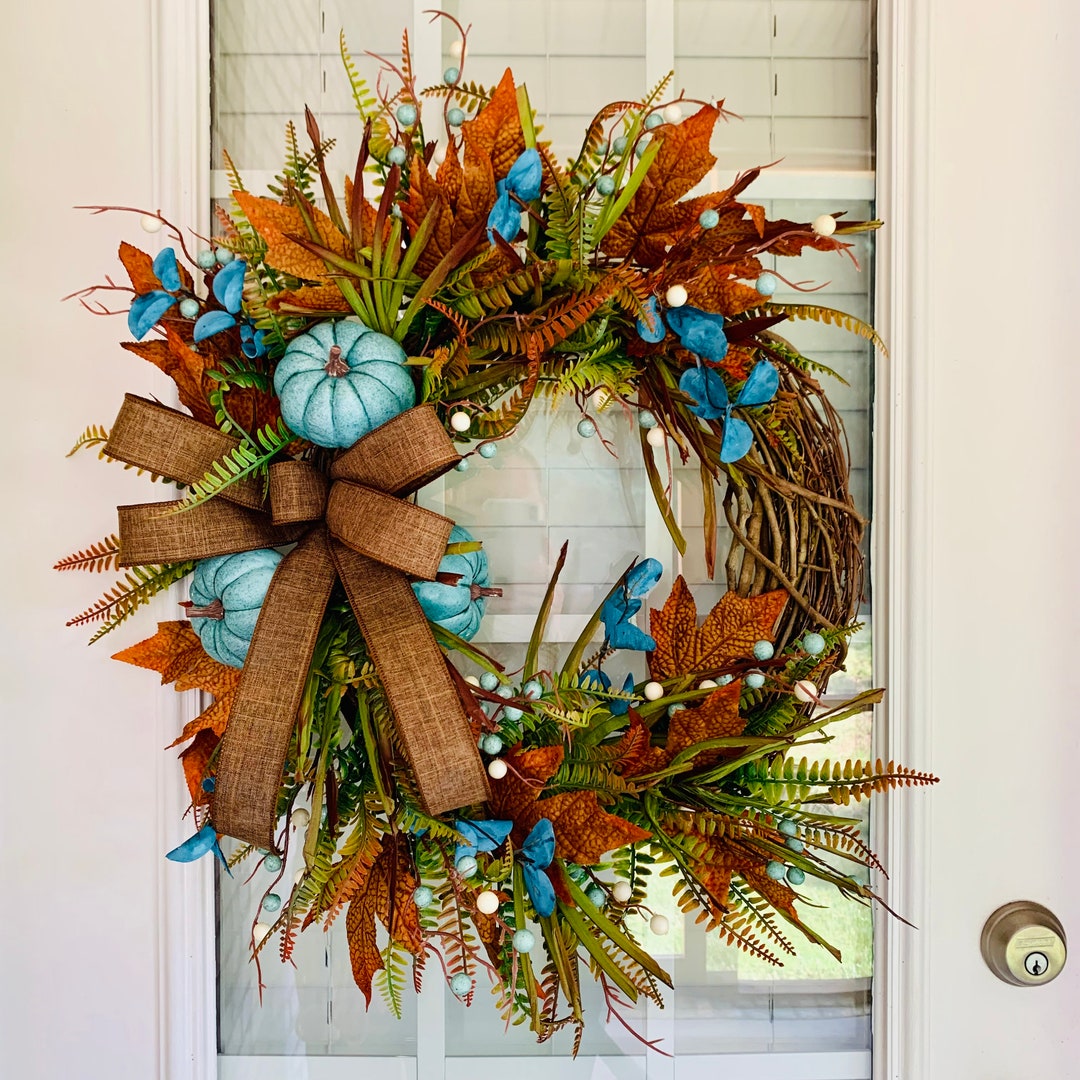 Fall Grapevine Front Door Wreath, Blue Pumpkin Front Door Wreath, Teal ...