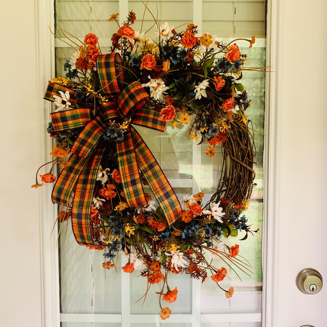 Fall Floral Grapevine Wreath, Blue and Orange Fall Door Wreath, Fall ...