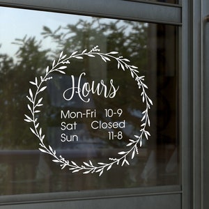 Floral Wreath Business Hours Decal Sticker for Front Door, Sign, Door, Welcome Sticker, Business Sign, Business Door Decal