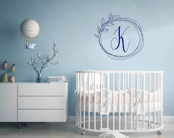 Monogram Initial Wall Decal Sticker, Wreath, Wedding, Name Nursery Wall Art, Sign, Monogram Initial Decal, Nursery Wall Decal, Name, Custom