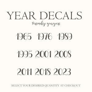 May include: A white background with the text "YEAR DECALS" in black. Below the text is the phrase "Personalize your years" in a smaller font. The image shows a list of years in black text: 1965, 1976, 1989, 1995, 2001, 2008, 2011, 2018, 2023. At the bottom of the image is the text "SELECT YOUR DESIRED QUANTITY AT CHECKOUT" in black.