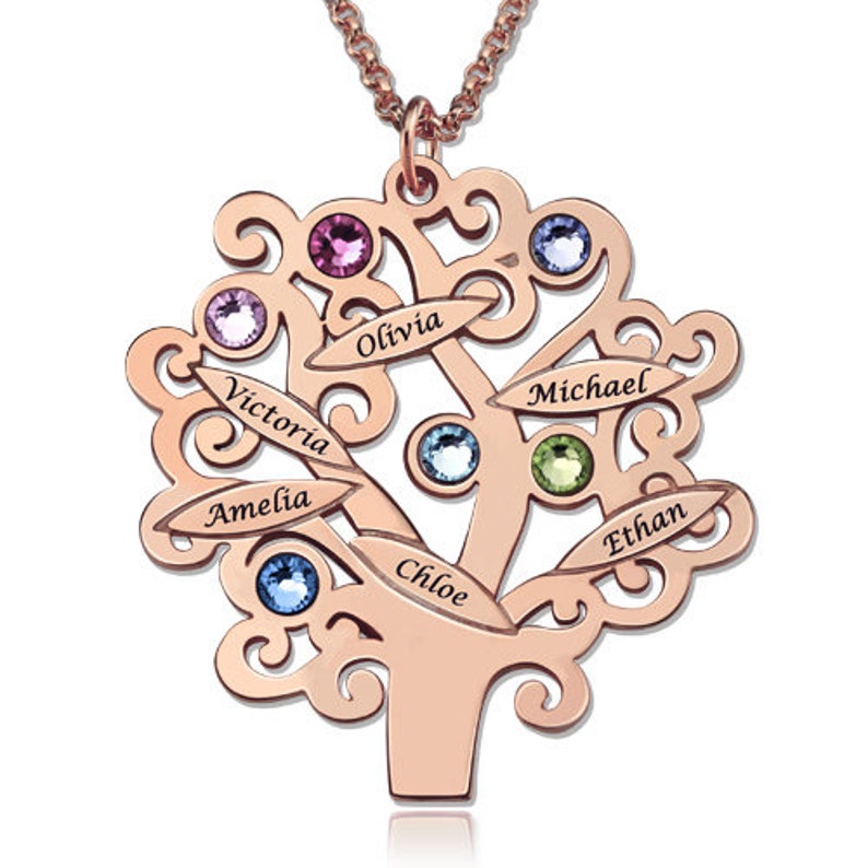 Engraved Family Tree Necklace With Birthstones Customized Etsy
