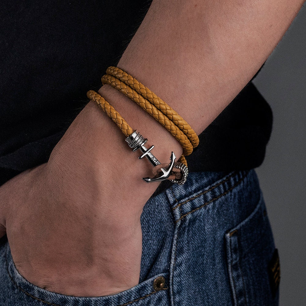Mens leather anchor bracelet Clearance