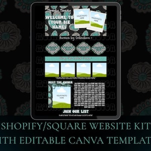 May include: A digital tablet displays a website template with a black and teal floral design. The template includes sections for photos, featured collections, and owner information. Text on the screen reads "Howdy Honey" and "Shopify/Square Website Kit with Editable Canva Templates."
