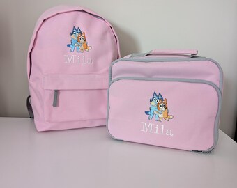 Personalised Bluey Bingo Backpack and Lunch Bag Set – Pink Back to School Embroidery