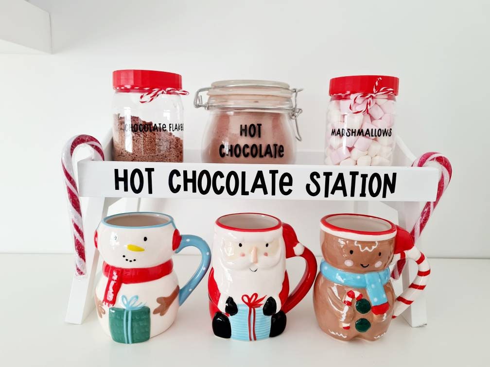 Christmas Hot Chocolate Station/bar, Tray Kids Hot Choc Adults Family Set  Mugs Drinks White Grey Wooden Gift, Winter 