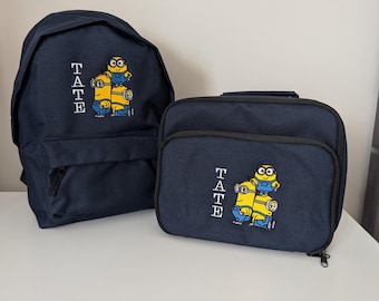 Personalised Minions Backpack Lunch Bag Set – Embroidered Kids School Bag