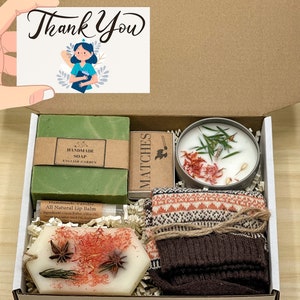 gift box for your favorite nurse with handmade items, including a lip balm, soap, soy wax candle.