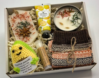 Positive Avocado Motivational Box, Positive Pickle Gift Basket, Positive Tomato Gifts, Handmade Crochet Gift Set, Emotional Support Gift Box