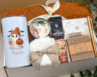 Custom Tumbler Fall Gift Box: Cozy Socks, Cappuccino, Soy Wax Candle, Boo Basket