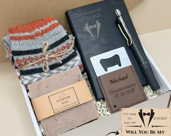 Groomsmen Proposal Gift Box, Custom Bottle Opener, Notebook, Socks, Soap
