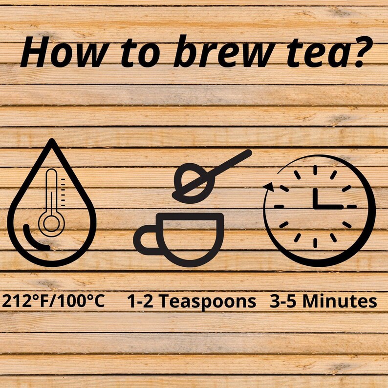 May include: A graphic illustration showing how to brew tea. The illustration shows a thermometer with a temperature of 212 degrees Fahrenheit or 100 degrees Celsius, a teaspoon, and a clock with a time of 3-5 minutes.