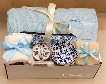 Cozy Gift Box Women, Self Care Set with Fabric Journal, Blanket, Candle, Handmade Soap