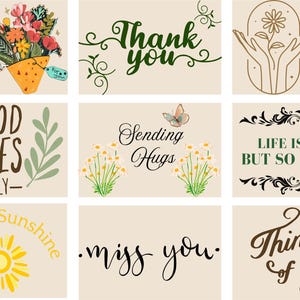 May include: A collection of greeting cards with various messages and designs. One card says "Happy Birthday" with a bouquet of flowers. Other cards include "Thank You", "Good Vibes Only", and "Sending Hugs".