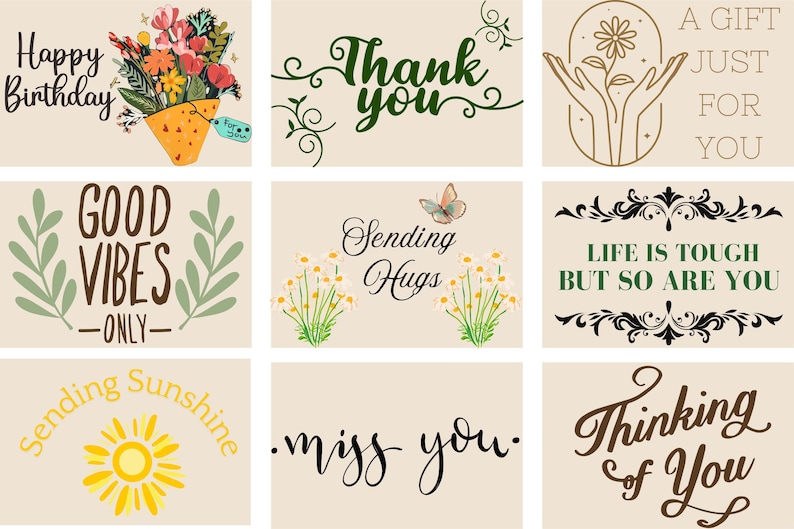 May include: A collection of greeting cards with various messages and designs. One card says "Happy Birthday" with a bouquet of flowers. Other cards include "Thank You", "Good Vibes Only", and "Sending Hugs".
