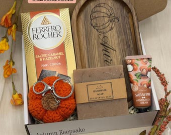 Hygge Pumpkin Fall Gift Box: Custom Name Tray, Personalized Basket, Crochet and Handmade Soap