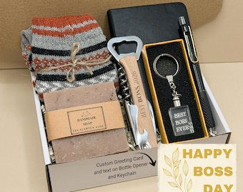 Boss Day Custom Box: Engraved Keychain, Customized Tray, Gift Basket for Boss, Journal