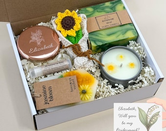 Bridesmaid Birth Flower Proposal, Maid Of Honor with Custom Mirror, Crochet Sunflower Keychain, Candle