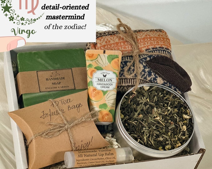 Personalized Virgo Gift Box, Handmade Soap, Knit Socks & Tea