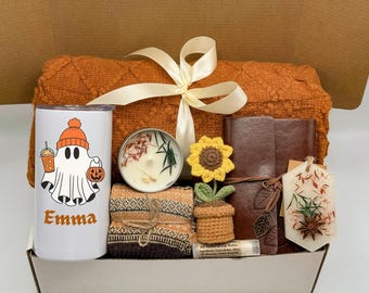 Hygge Fall Gift Box: Custom Tumbler, Cozy Blanket & Candle, Boo