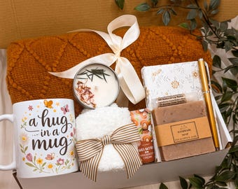 Hug In a Box Sympathy Basket, Bereavement Gift: Cozy Mug, Soft Blanket, Handmade Soap
