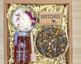 Organic Herbal Tea Set with Honey and Candle, Thinking of You Tea Set, Birthday Tea Gift, Housewarming Tea Box, Tea Gift Set for Friend