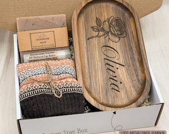 Cozy Birthday Gift, Hug In a Box: Custom Birth flower Tray, Handmade Soap, Lip Balm
