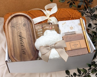 Birthday Gift Box For Her, Spa Set, Custom Wooden Name Tray, Cozy Throw, Journal