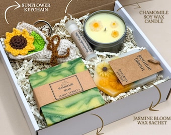 Cozy Self Care Gift Box with Crochet Keychain, Handmade Soap, Spa Essential Gift Basket
