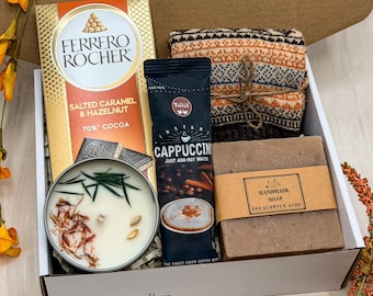 Cozy Birthday Gift Basket For Men, Fall Vibes Care Package: Chocolate, Blanket, Soy Candle