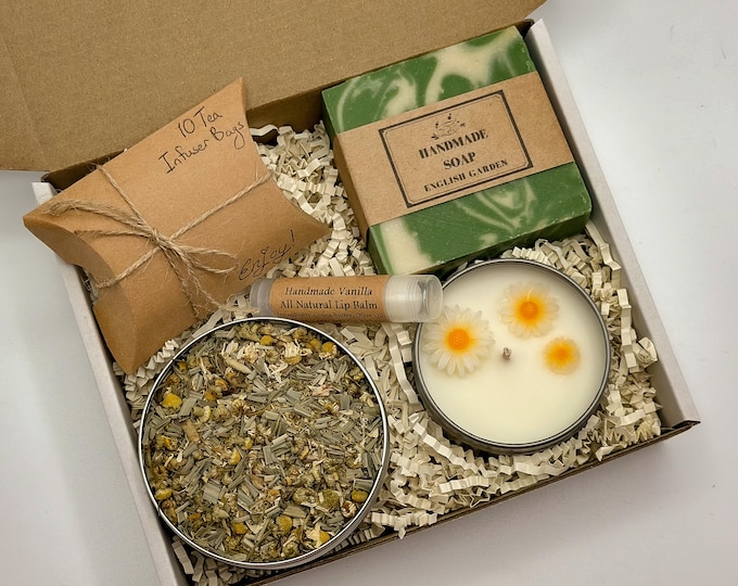 Relaxing Tea Gift Box, Handmade Soap, Soy Candle, Vanilla Lip Balm