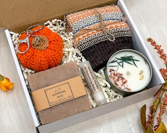 Hello Fall Care Package: Crochet Pumpkin, Cozy Socks, Good Vibes Tumbler in Gift Box