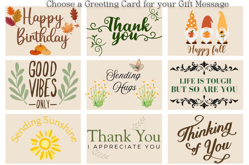 May include: A collection of nine rectangular greeting cards featuring various designs and text including Happy Birthday, Thank you, Happy fall with gnomes, Good Vibes Only, Sending Hugs with a butterfly, Life is tough but so are you, Sending Sunshine, Thank You I Appreciate You, and Thinking of You.