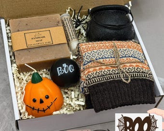 Boo Basket for Her, Spooky Personalized Gift Box: Pumpkin Candle, Fall Socks, Spa Set